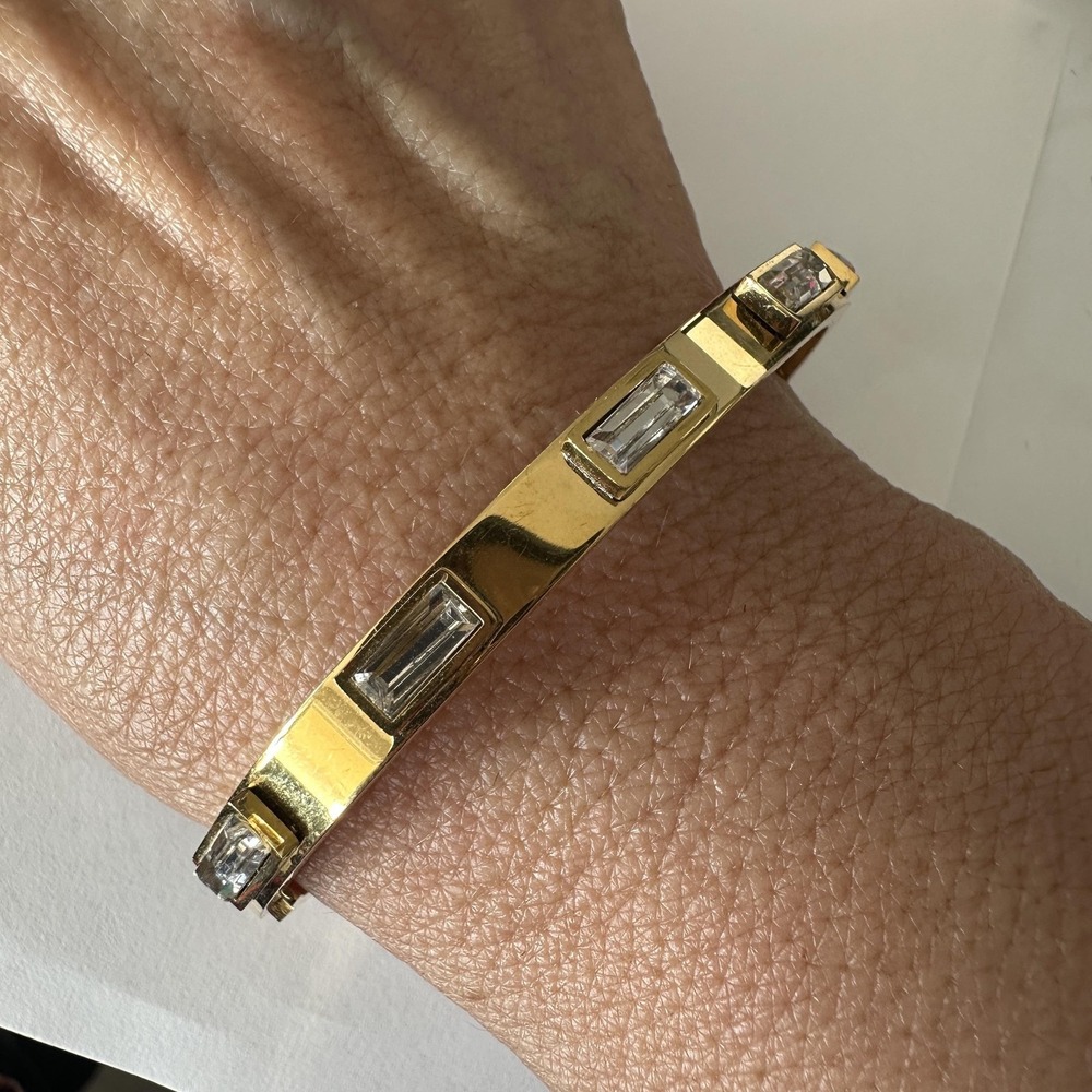 Baguette Crystal Gold Tone Bangle‎ Bracelet 7.5" Hinged Statement Bling Glam